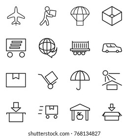 Thin line icon set : plane, courier, parachute, box, delivery, truck shipping, car, package, trolley, dry cargo, sun potection, fast deliver, warehouse
