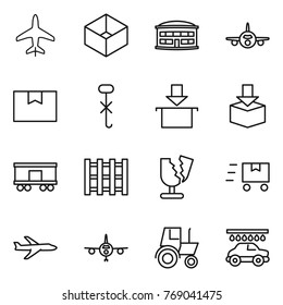 Thin line icon set : plane, box, airport building, package, do not hook sign, railroad shipping, pallet, broken, fast deliver, tractor, car wash