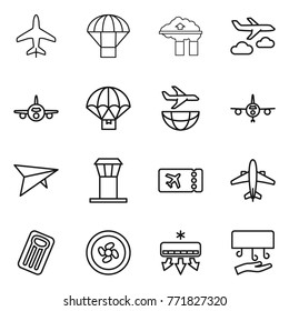 Thin line icon set : plane, parachute, factory filter, journey, delivery, shipping, deltaplane, airport tower, ticket, airplane, inflatable mattress, cooler fan, air conditioning, hand dryer