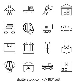 Thin line icon set : plane, truck, courier, warehouse, delivery, shipping, car, package box, cargo top sign, do not hook, parachute, pickup