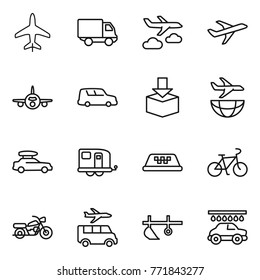 Thin line icon set : plane, delivery, journey, car shipping, package, baggage, trailer, taxi, bike, motorcycle, transfer, plow, wash