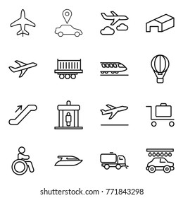 Thin line icon set : plane, car pointer, journey, warehouse, truck shipping, train, air ballon, escalator, detector, departure, baggage trolley, invalid, yacht, sweeper, wash