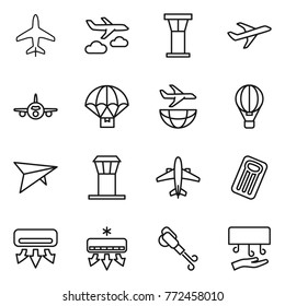 Thin line icon set : plane, journey, airport tower, parachute delivery, shipping, air ballon, deltaplane, airplane, inflatable mattress, conditioning, blower, hand dryer