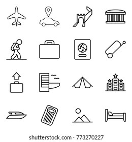 Thin line icon set : plane, car pointer, greate wall, airport building, tourist, suitcase, passport, baggage, hotel, tent, yacht, inflatable mattress, landscape, bed