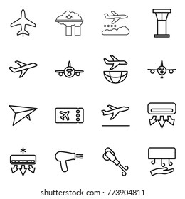 Thin line icon set : plane, factory filter, weather management, airport tower, shipping, deltaplane, ticket, departure, air conditioning, hair dryer, blower, hand