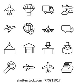 Thin line icon set : plane, parachute, delivery, journey, shipping, loading crane, warehouse, package, cargo search, airplane, cruise ship