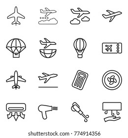 Thin line icon set : plane, weather management, journey, parachute delivery, shipping, air ballon, ticket, airplane, departure, inflatable mattress, cooler fan, conditioning, hair dryer, blower