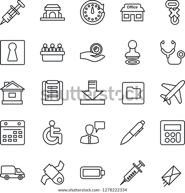 Thin Line Icon Set - plane vector, female,\
stamp, speaking man, pen, meeting, house, stethoscope, syringe,\
disabled, store, satellite, car delivery, clipboard, no hook,\
calculator, folder,\
calendar