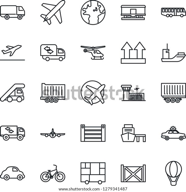 Thin Line Icon Set - plane vector, departure,\
airport bus, alarm car, ladder, helicopter, building, bike, earth,\
sea shipping, truck trailer, delivery, port, container,\
consolidated cargo,\
railroad