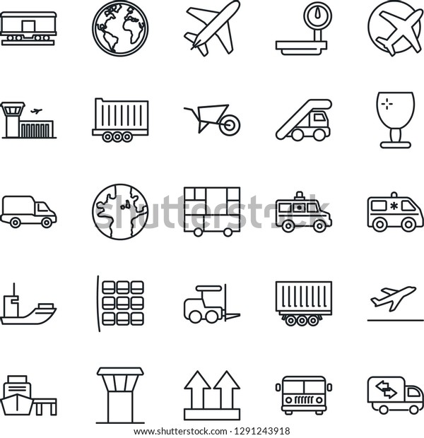 Thin Line Icon Set - plane vector, airport tower,
departure, bus, fork loader, ladder car, seat map, building,
wheelbarrow, ambulance, earth, sea shipping, truck trailer,
delivery, port, fragile