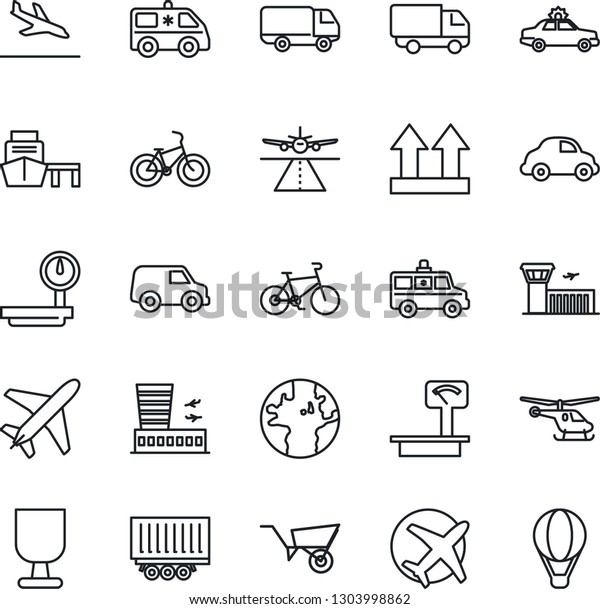 Thin Line Icon Set - plane vector, runway, arrival,\
alarm car, helicopter, airport building, wheelbarrow, ambulance,\
bike, earth, truck trailer, delivery, sea port, fragile, up side\
sign