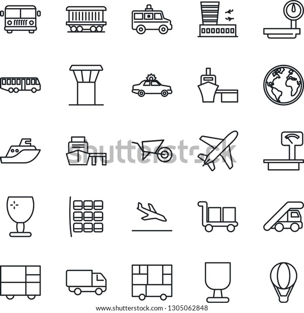 Thin Line Icon Set - plane vector, airport tower,\
arrival, bus, alarm car, ladder, seat map, building, wheelbarrow,\
ambulance, earth, railroad, sea shipping, delivery, port,\
consolidated cargo
