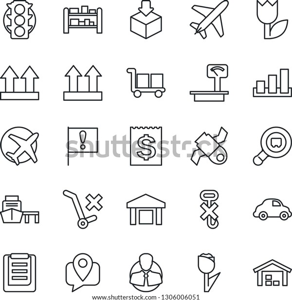 Thin Line Icon Set - plane vector, important flag,
satellite, traffic light, client, mobile tracking, car delivery,
receipt, sea port, clipboard, cargo, up side sign, no trolley,
hook, tulip, search