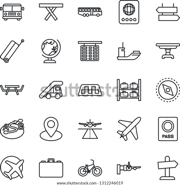 Thin Line Icon Set - plane vector, runway, taxi,\
suitcase, airport bus, signpost, passport, globe, ladder car,\
boarding, flight table, luggage storage, case, picnic, bike, pin,\
sea shipping, route