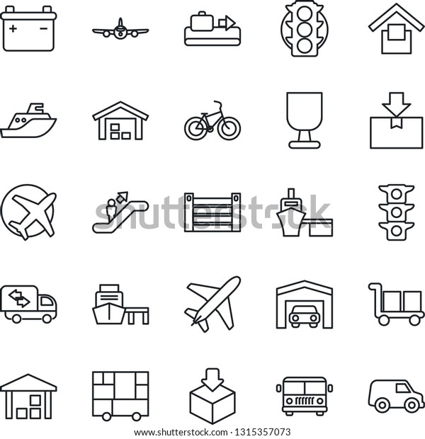 Thin Line Icon Set - plane vector, baggage conveyor,\
airport bus, escalator, bike, traffic light, sea shipping, port,\
container, consolidated cargo, fragile, warehouse storage, package,\
garage, car