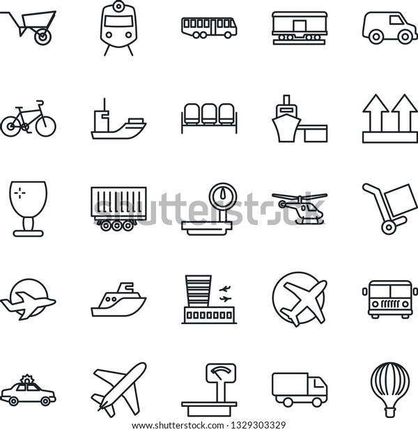 Thin Line Icon Set - plane vector, airport bus,\
train, waiting area, alarm car, helicopter, building, wheelbarrow,\
bike, sea shipping, truck trailer, delivery, port, fragile, cargo,\
up side sign