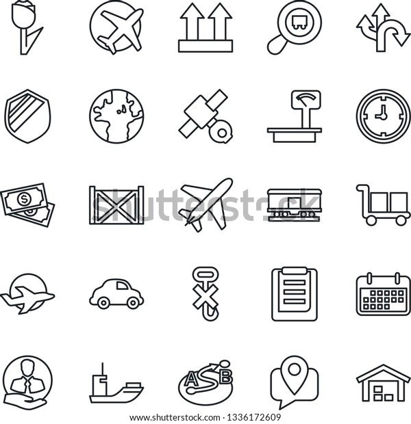 Thin Line Icon Set - plane vector, route, earth,\
satellite, cash, client, mobile tracking, sea shipping, car\
delivery, clock, term, container, clipboard, cargo, up side sign,\
no hook, tulip, shield