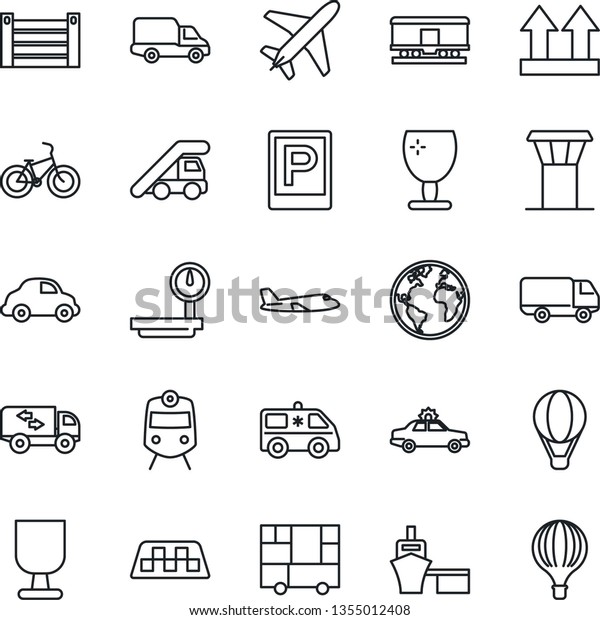 Thin Line Icon Set - plane vector, airport\
tower, taxi, parking, train, alarm car, ladder, ambulance, bike,\
earth, delivery, sea port, container, consolidated cargo, fragile,\
up side sign, railroad