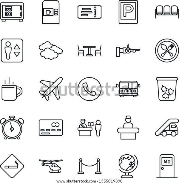 Thin Line Icon Set - plane vector, fence, airport
bus, parking, hot cup, spoon and fork, cafe, coffee machine,
passport control, elevator, alarm clock, phone, smoking place,
trash bin, waiting area