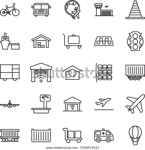 Thin Line Icon Set - plane vector, taxi,
departure, baggage trolley, airport bus, border cone, seat map,
globe, building, ambulance car, bike, railroad, traffic light,
truck trailer, cargo
container