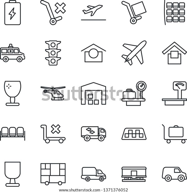 Thin Line Icon Set - plane vector, taxi, departure,\
baggage trolley, waiting area, helicopter, seat map, luggage\
scales, ambulance car, traffic light, delivery, consolidated cargo,\
fragile, no