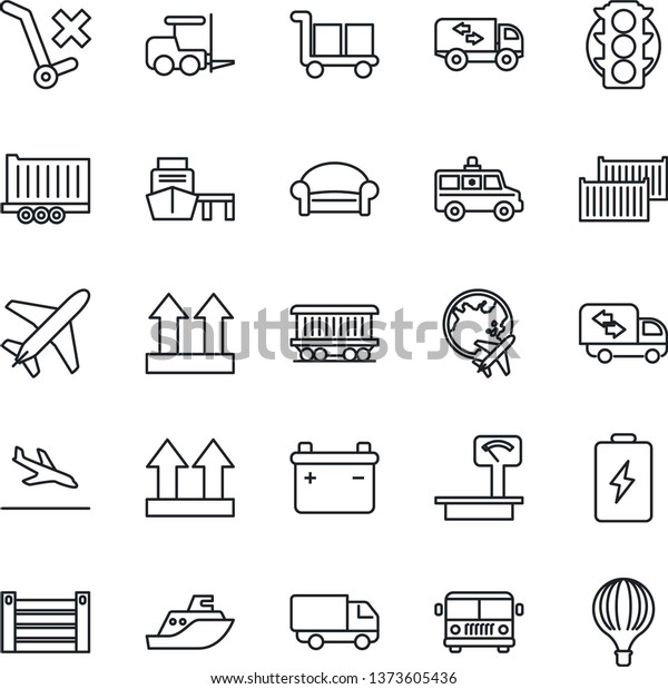 Thin Line Icon Set - plane vector, arrival, airport\
bus, waiting area, fork loader, globe, ambulance car, railroad,\
traffic light, sea shipping, truck trailer, cargo container,\
delivery, port
