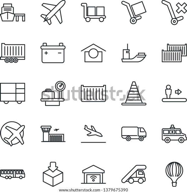 Thin Line Icon Set - plane vector, arrival, airport\
bus, escalator, ladder car, border cone, luggage scales, building,\
ambulance, sea shipping, truck trailer, cargo container, delivery,\
port