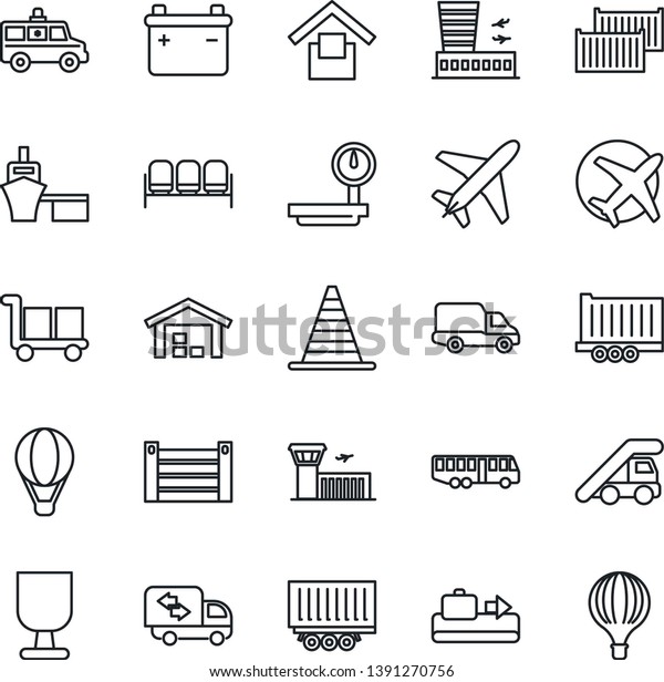 Thin Line Icon Set - plane vector, baggage
conveyor, airport bus, waiting area, ladder car, border cone,
building, ambulance, truck trailer, cargo container, delivery, sea
port, fragile, moving