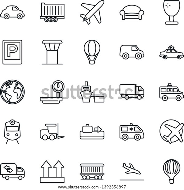 Thin Line Icon Set - plane vector, airport tower,
arrival, baggage conveyor, parking, train, waiting area, alarm car,
fork loader, ambulance, earth, railroad, truck trailer, delivery,
sea port