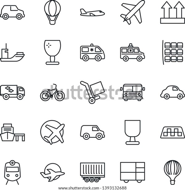 Thin\
Line Icon Set - plane vector, taxi, airport bus, train, seat map,\
ambulance car, bike, sea shipping, truck trailer, delivery, port,\
consolidated cargo, fragile, up side sign,\
moving