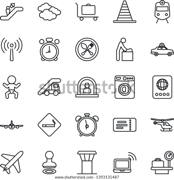 Thin Line Icon Set - plane vector, airport tower,
antenna, baggage trolley, spoon and fork, train, escalator, alarm
clock, smoking place, ticket, car, wireless notebook, baby, room,
reception, stamp