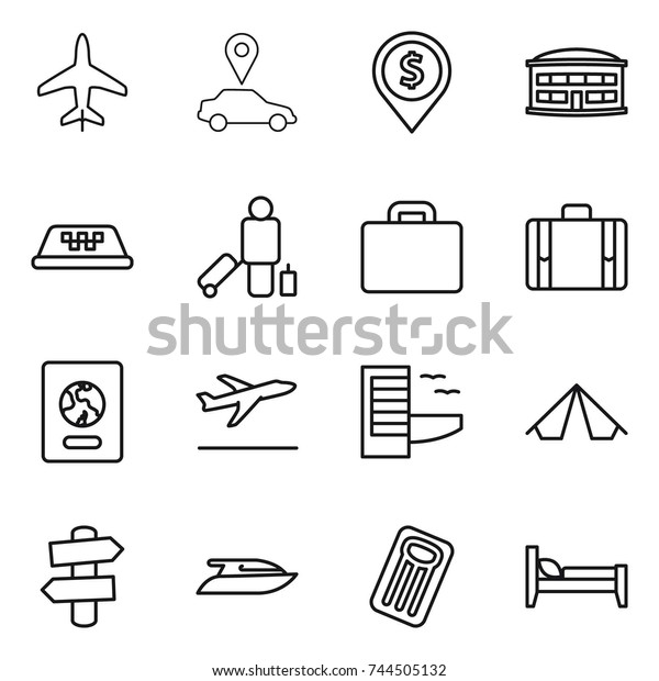 thin line icon\
set : plane, car pointer, dollar pin, airport building, taxi,\
passenger, suitcase, passport, departure, hotel, tent, signpost,\
yacht, inflatable mattress,\
bed