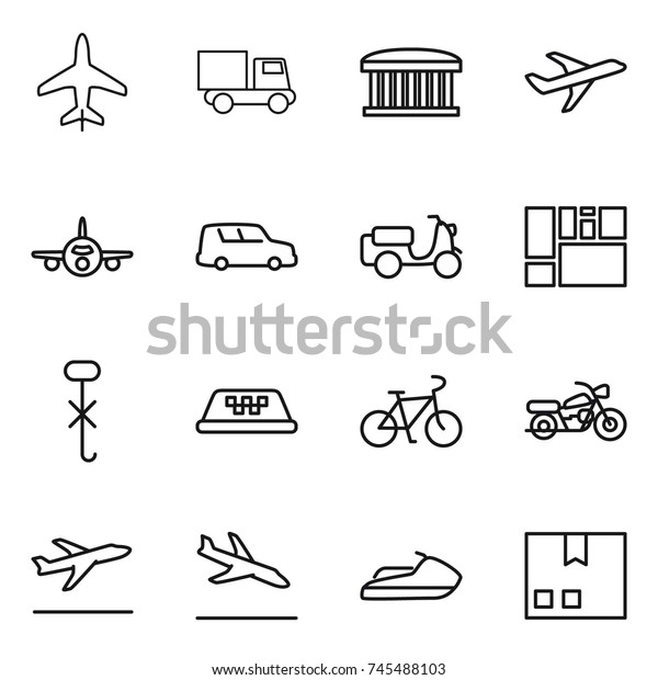 thin\
line icon set : plane, truck, airport building, car shipping,\
scooter, consolidated cargo, do not hook sign, taxi, bike,\
motorcycle, departure, arrival, jet ski,\
package