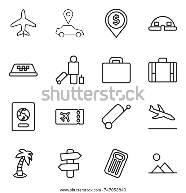thin line icon set :\
plane, car pointer, dollar pin, dome house, taxi, passenger,\
suitcase, passport, ticket, arrival, palm, signpost, inflatable\
mattress, landscape