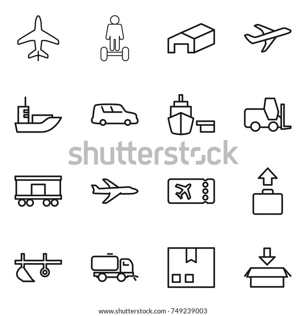 thin line icon set : plane, hoverboard,\
warehouse, sea shipping, car, port, fork loader, railroad, ticket,\
baggage, plow, sweeper,\
package