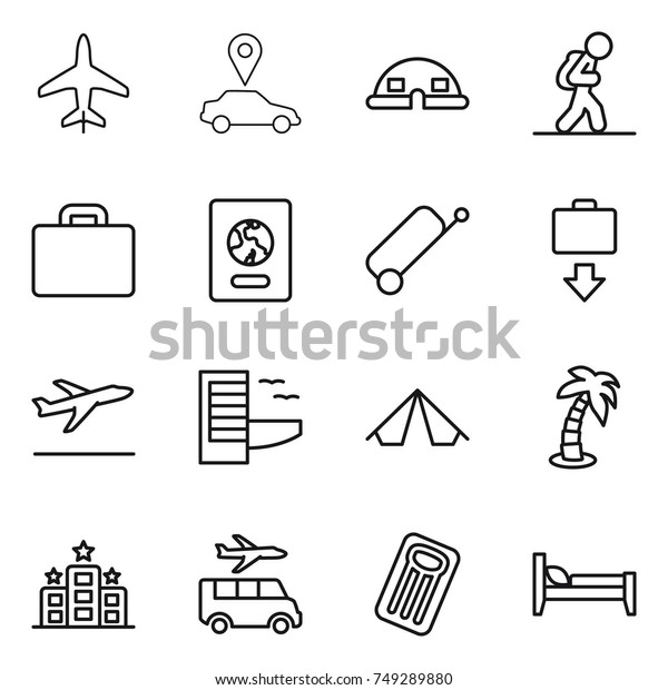 thin line icon set : plane, car
pointer, dome house, tourist, suitcase, passport, baggage get,
departure, hotel, tent, palm, transfer, inflatable mattress,
bed