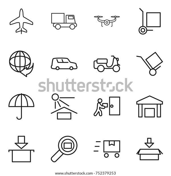 thin line icon set : plane,\
truck, drone, cargo stoller, delivery, car shipping, scooter,\
trolley, dry, sun potection, courier, warehouse, package, search,\
fast deliver