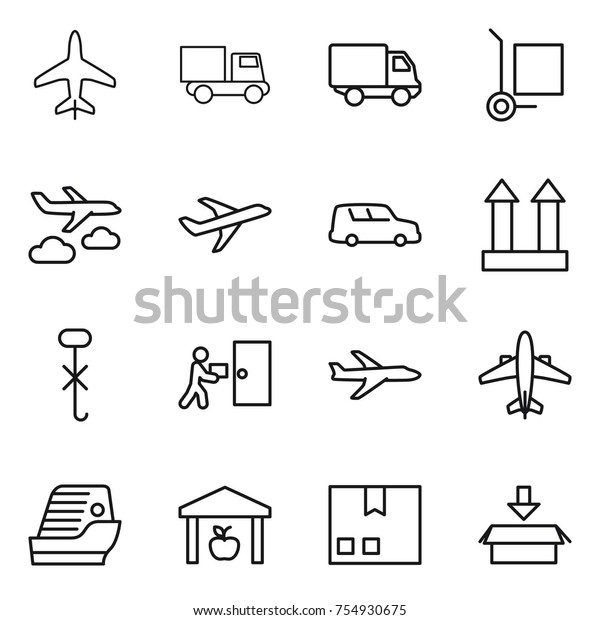 thin line icon set : plane, truck,\
delivery, cargo stoller, journey, car shipping, top sign, do not\
hook, courier, airplane, cruise ship, warehouse,\
package