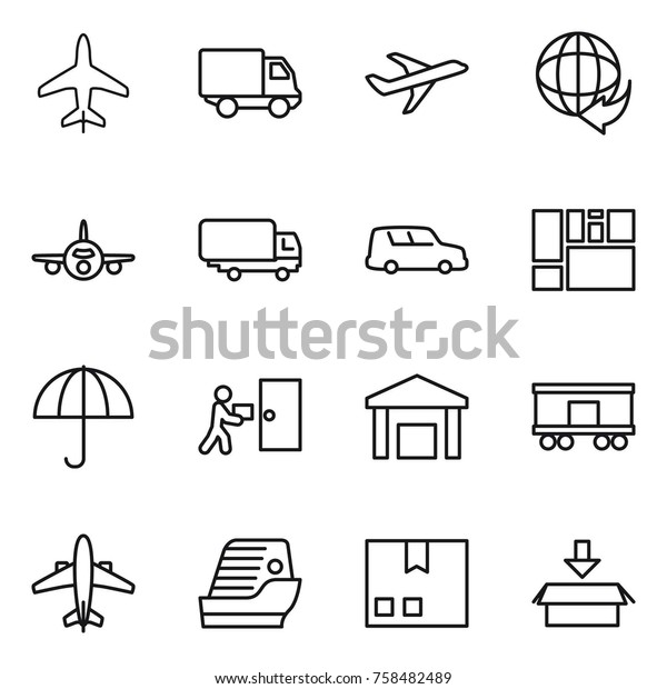 Thin line icon set : plane, delivery, shipping,\
car, consolidated cargo, dry, courier, warehouse, railroad,\
airplane, cruise ship,\
package