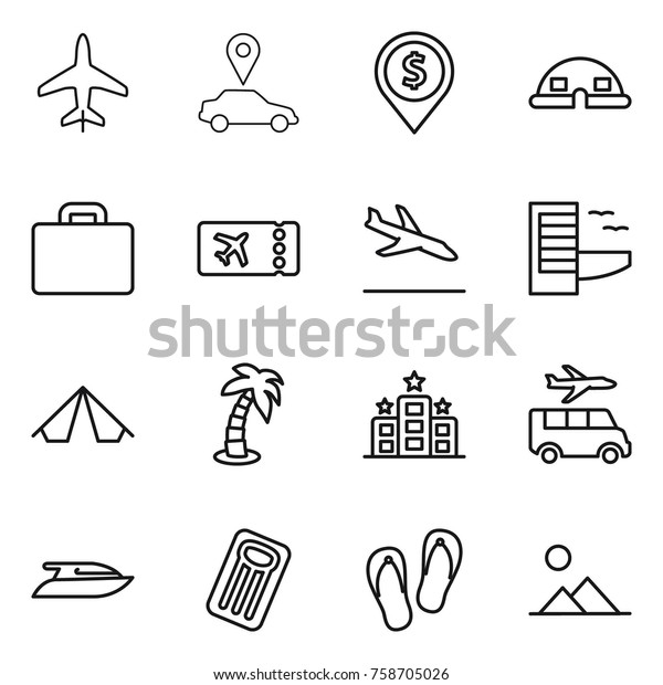 Thin line icon\
set : plane, car pointer, dollar pin, dome house, suitcase, ticket,\
arrival, hotel, tent, palm, transfer, yacht, inflatable mattress,\
flip flops, landscape