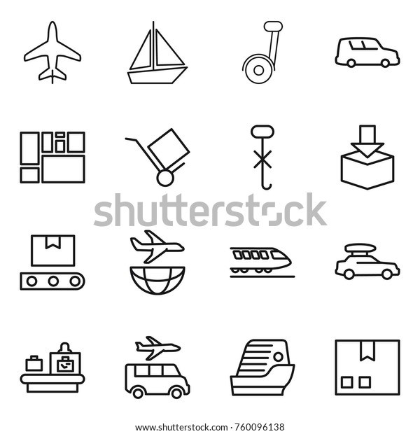 Thin line icon\
set : plane, boat, segway, car shipping, consolidated cargo,\
trolley, do not hook sign, package, transporter tape, train,\
baggage, checking, transfer, cruise\
ship