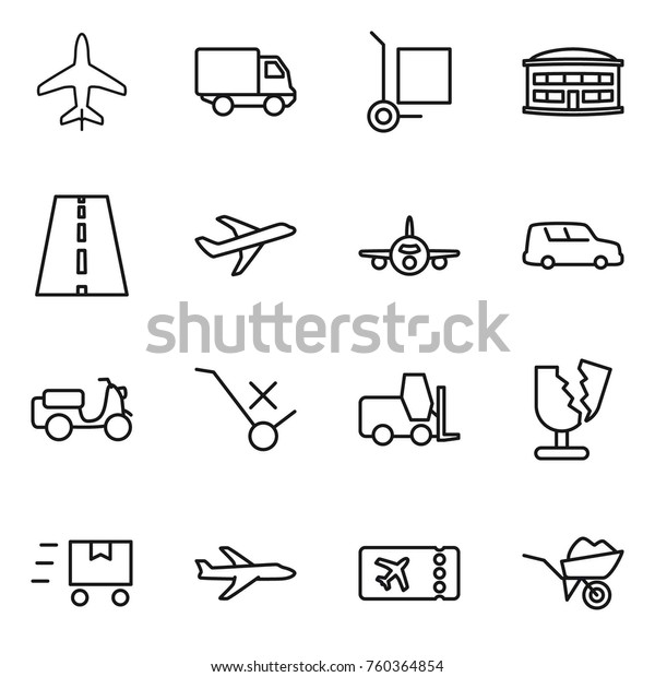 Thin line icon\
set : plane, delivery, cargo stoller, airport building, road, car\
shipping, scooter, do not trolley sign, fork loader, broken, fast\
deliver, ticket,\
wheelbarrow