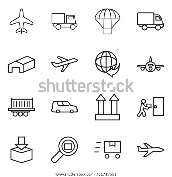Thin line icon set : plane, truck, parachute,\
delivery, warehouse, shipping, car, cargo top sign, courier,\
package, search, fast\
deliver