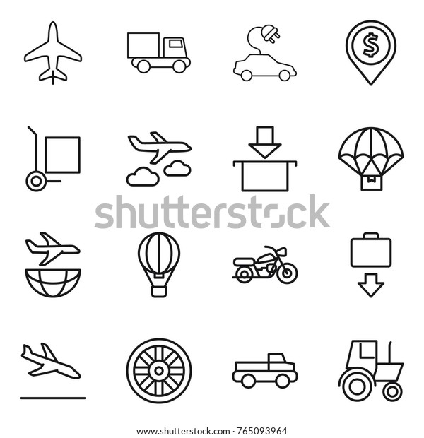 Thin line icon set : plane, truck, electric car,\
dollar pin, cargo stoller, journey, package, parachute delivery,\
shipping, air ballon, motorcycle, baggage get, arrival, wheel,\
pickup, tractor