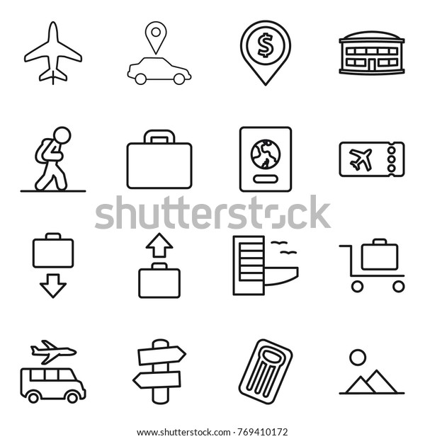 Thin\
line icon set : plane, car pointer, dollar pin, airport building,\
tourist, suitcase, passport, ticket, baggage get, hotel, trolley,\
transfer, signpost, inflatable mattress,\
landscape