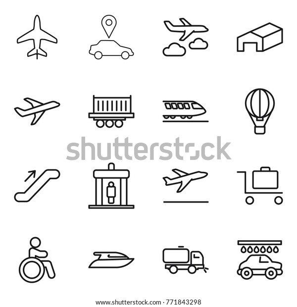 Thin line\
icon set : plane, car pointer, journey, warehouse, truck shipping,\
train, air ballon, escalator, detector, departure, baggage trolley,\
invalid, yacht, sweeper,\
wash