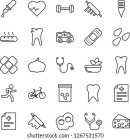 Thin Line Icon Set - plant label vector, pumpkin, seeds, heart pulse, diagnosis, stethoscope, dropper, patch, ambulance car, barbell, bike, run, tooth, caries, salad, bread, rolling pin, omelette
