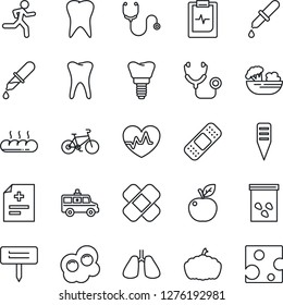 Thin Line Icon Set - plant label vector, pumpkin, seeds, heart pulse, diagnosis, stethoscope, dropper, patch, ambulance car, bike, run, lungs, tooth, implant, clipboard, salad, bread, omelette