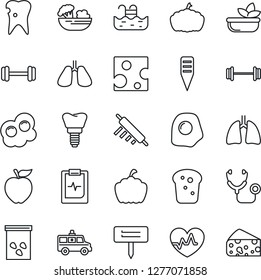 Thin Line Icon Set - plant label vector, pumpkin, seeds, heart pulse, stethoscope, ambulance car, barbell, lungs, caries, implant, clipboard, pool, salad, bread, rolling pin, omelette, apple fruit
