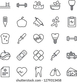 Thin Line Icon Set - plant label vector, pumpkin, heart pulse, diagnosis, dropper, patch, ambulance car, barbell, run, lungs, caries, implant, clipboard, diet, pool, salad, bread, rolling pin